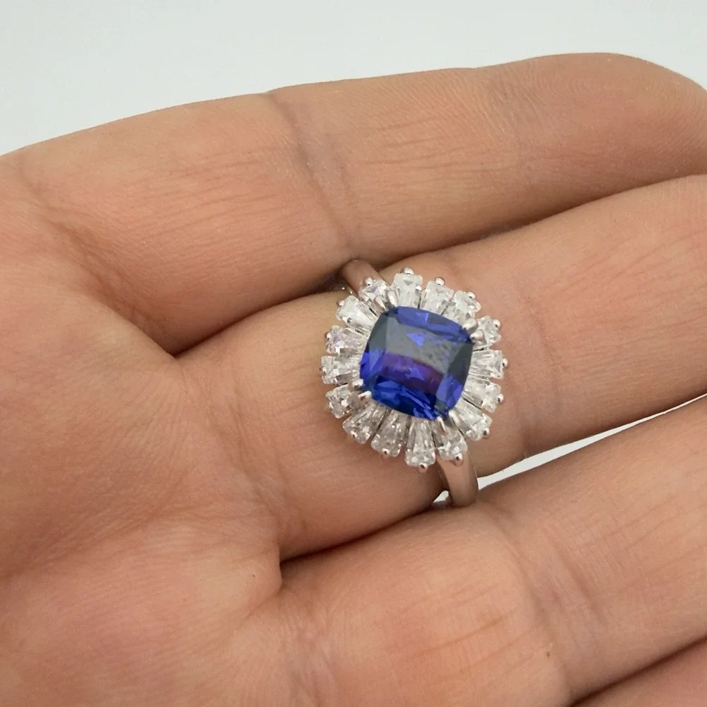 Vtg Saphire Halo Ring İLU 925 Sterling Silver Clear CZ 8.25